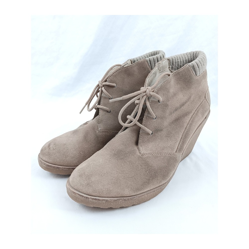 Lacoste Leren SRW Taupe Suede Wedge Ankle Boots Knit Lace Up Women Size 8.5‎